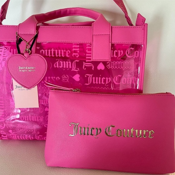 Juicy Couture Viral Beachin’ Pink Heart Clear Large Tote, 2 Piece Set NWOT - Picture 7 of 8